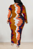 Robes de grande taille orange décontracté imprimé patchwork col rabattu une étape jupe