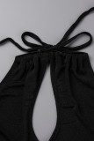 Bandage solide sexy à la mode noire évidé robe longue licou dos nu