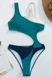 Blauwe sexy patchwork asymmetrische badmode met print