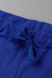 ブルーファッションカジュアルソリッドパッチワーク斜め襟半袖ツーピース
