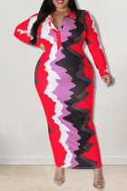 Vestidos de talla grande con falda de un solo paso y cuello vuelto de patchwork con estampado informal rojo