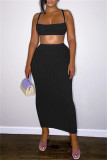 Black Fashion Sexy Solid Bandage Backless Spaghetti Strap Sleeveless Two Pieces Cami Crop Tops And Skirt Sets