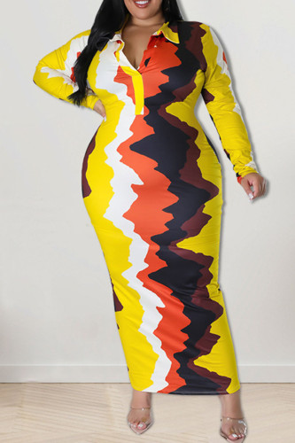 Yellow Casual Print Patchwork Turndown Collar One Step Skirt Plus Size Dresses