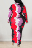 Red Casual Print Patchwork Turndown Collar One Step Skirt Plus Size Dresses