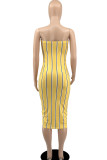 Yellow Sexy Striped Print Patchwork Strapless Pencil Skirt Dresses
