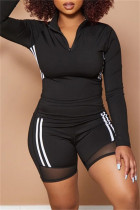 Черная модная повседневная спортивная одежда Полосатый лоскутный воротник на молнии с длинным рукавом из двух частей