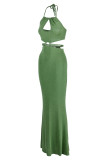 グリーン ファッション セクシーな固体包帯中空背中の開いたホルター ロング ドレス