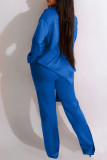 Blue Casual Solid Patchwork Buckle Turndown Collar Long Sleeve Two Pieces