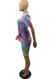 Purple Fashion Patchwork Tie-dye O Neck Short Sleeve Two Pieces