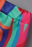 Botões de patchwork colorido com estampa casual gola virada para trás manga longa duas peças
