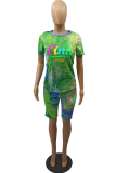 Blue Fashion Patchwork Tie-dye O Neck Short Sleeve Two Pieces