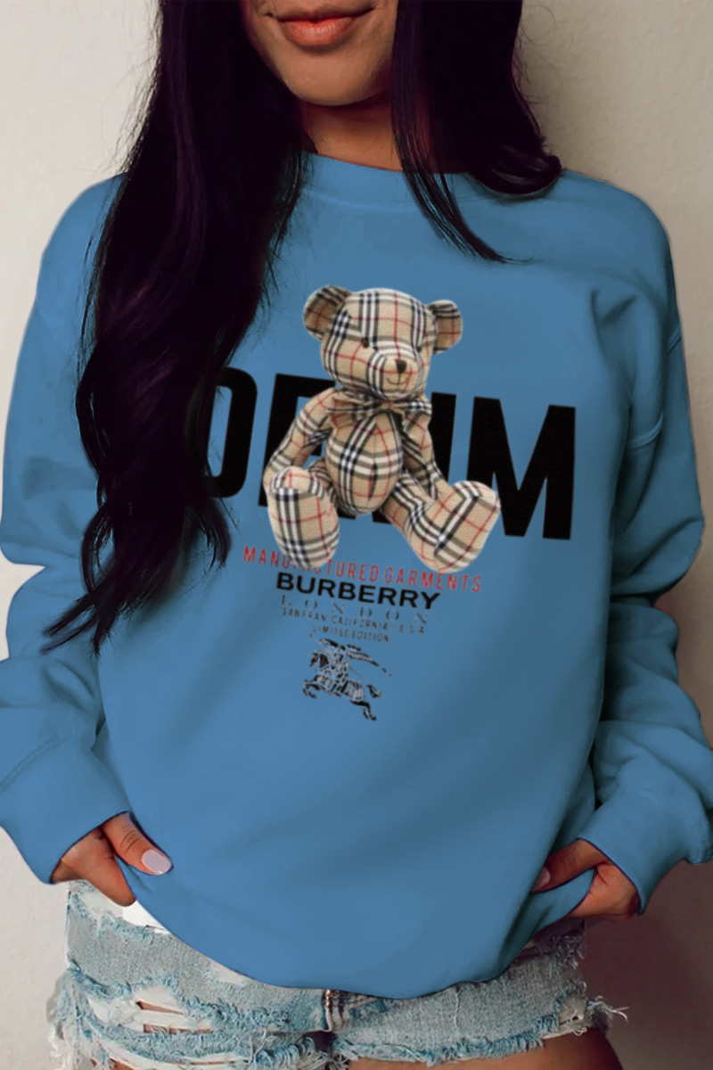 

Blue Fashion Casual Print Patchwork Letter O Neck Tops