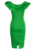 グリーン エレガント パッチワーク パッチワーク フラウンス Vネック ワンステップ スカート ドレス