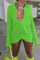 Vestidos de manga larga con cuello en V asimétrico de retazos de vendaje sólido sexy verde fluorescente