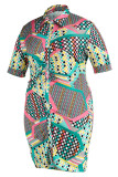 レッドカジュアルプリントパッチワークバックルターンダウンカラーシャツドレスプラスサイズのドレス