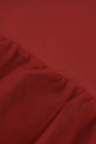 Robe de soirée à manches longues et col rond sexy en patchwork solide rouge