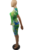 Green Fashion Patchwork Tie-dye O Neck Short Sleeve Two Pieces