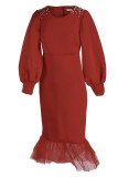 Красное модное сексуальное твердое лоскутное вечернее платье с круглым вырезом и длинным рукавом