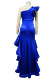 Colorful Blue Elegant Solid Patchwork Flounce Asymmetrical Oblique Collar Trumpet Mermaid Dresses