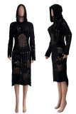 Black Sexy Solid Hollowed Out Patchwork Hooded Collar Straight Dresses