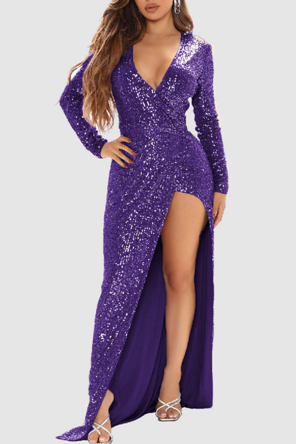 Vestido de noche con escote en V y abertura en el remiendo de lentejuelas sólidas sexy púrpura Vestidos