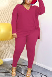 Scollo a V con spacco casual in tinta unita rosso rosa Plus Size in due pezzi