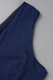 チベット ブルー セクシー エレガントな固体パッチワーク V ネック A ライン プラス サイズのドレス