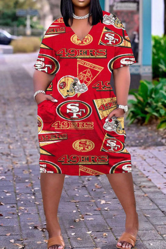 Red Casual Print Patchwork V Neck Printed Dress Dresses