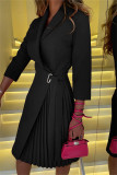 ブラック ファッション カジュアル ソリッド パッチワーク フォールド ターンバック カラー ロング スリーブ ドレス