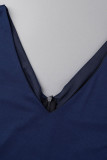 チベット ブルー セクシー エレガントな固体パッチワーク V ネック A ライン プラス サイズのドレス