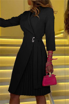 ブラック ファッション カジュアル ソリッド パッチワーク フォールド ターンバック カラー ロング スリーブ ドレス