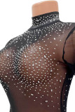 Negro sexy sólido patchwork transparente taladro caliente medio cuello alto lápiz falda vestidos