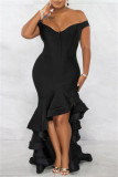 ブラック ファッション セクシー フォーマル ソリッド パッチワーク バックレス オフショルダー イブニングドレス ドレス