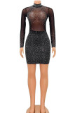 Black Sexy Solid Patchwork See-through Hot Drill Half A Turtleneck Pencil Skirt Dresses