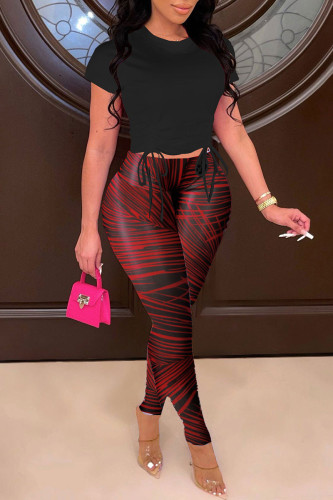 Black Fashion Casual Print Solid Draw String Frenulum O Neck Short Sleeve Two Pieces Crop Tops And Pants Sets