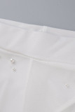 Blanc Sexy Solide Patchwork Transparent Perles Col Revers Manches Longues Deux Pièces