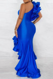 カラフルなブルーのエレガントな固体パッチワーク フラウンス非対称斜め襟トランペット マーメイド ドレス