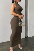 Grey Sexy Solid Slit Halter Pencil Skirt Dresses
