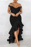 ブラック ファッション セクシー フォーマル ソリッド パッチワーク バックレス オフショルダー イブニングドレス ドレス