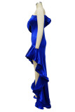 Colorido azul elegante sólido patchwork volante asimétrico cuello oblicuo trompeta sirena vestidos