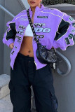 Фиолетовая повседневная уличная спортивная одежда с принтом, лоскутная верхняя одежда на молнии