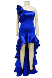 カラフルなブルーのエレガントな固体パッチワーク フラウンス非対称斜め襟トランペット マーメイド ドレス
