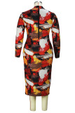レッド イエロー ファッション プリント パッチワーク ハーフ タートルネック ワンステップ スカート プラス サイズのドレス