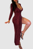 Бордовое сексуальное вечернее платье с блестками и блестками в стиле пэчворк с разрезом и V-образным вырезом
