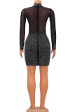 Apricot Sexy Solid Patchwork See-through Hot Drill Half A Turtleneck Pencil Skirt Dresses