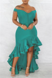グリーン ファッション セクシー フォーマル ソリッド パッチワーク バックレス オフショルダー イブニングドレス ドレス