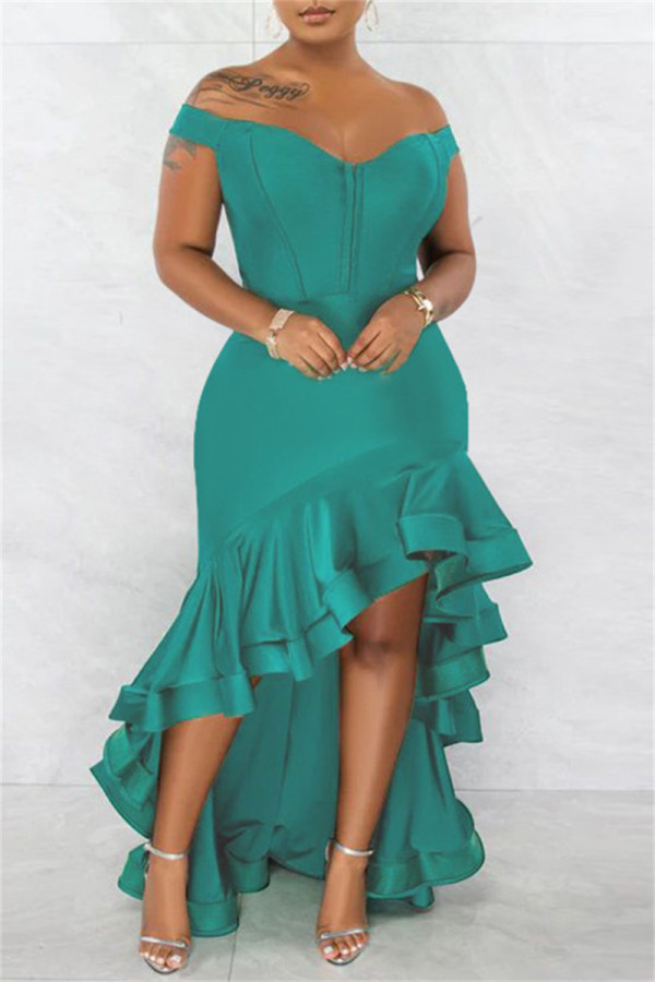 グリーン ファッション セクシー フォーマル ソリッド パッチワーク バックレス オフショルダー イブニングドレス ドレス
