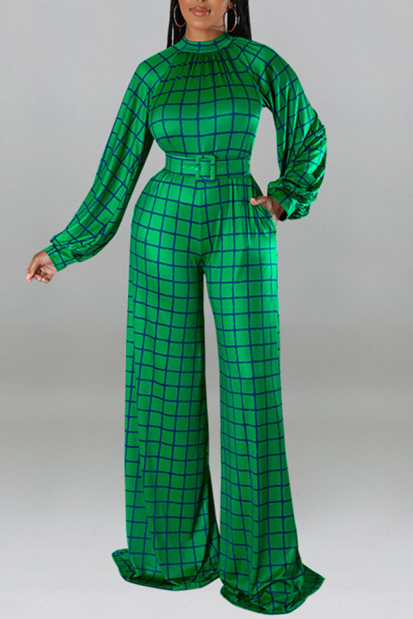 Groene casual geruite patchwork rechte jumpsuits met ronde hals