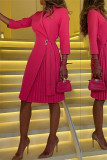 Rose Red Fashion Casual Solid Patchwork Fold Turn-Back-Kragen-Langarm-Kleider