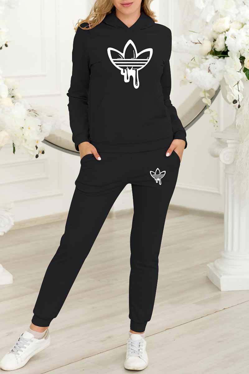 

Black Fashion Street Print Patchwork Hooded Collar Long Sleeve Two Pieces